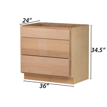 Backwoods Cabinetry RTA (Ready-to-Assemble) B36.3D - Raw Maple 3 Drawer 36" Pots and Pans Base Cabinet | 36"Wx34.5"Hx24"D